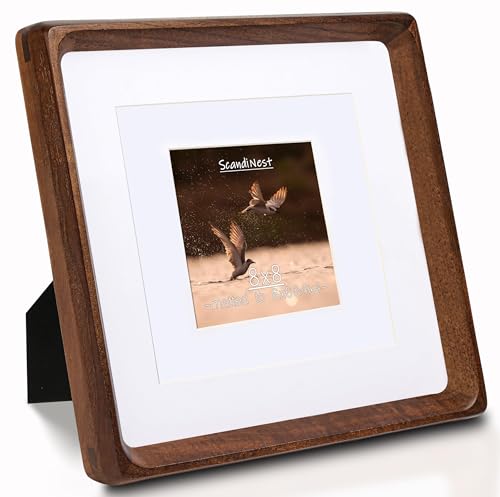 Square 8x8 Picture Frame, USA-Sourced Natural Walnut Wood with Real Glass, Handcrafted Rounded Corners, Matted to 6x6/4x4 Photos, Gallery Wall and Tabletop Display - color: Walnut, size: 8X8