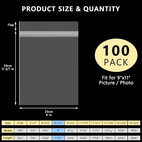 AUEAR 9x11 Clear Plastic Sleeve Storage Bags for 8.5x11 Art Print,100 Pack - size: 8.5 x 11 inches