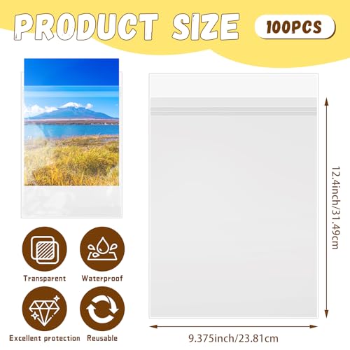 VOKOY 100 Pack 9 3/8 x 12 2/5 inches Crystal Clear Sleeves Storage Bags, Self Sealing Cellophane Bags Magazine Sleeves Protectors for 9x12 Photo Mats Art Prints Drawings - size: 9 x 12 Inch, style: 100 Pack