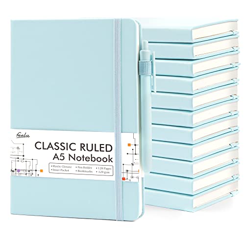 feela 12 Pack Notebooks Journals Bulk, Hardcover Notebook Classic Ruled Lined Journals with Pen Holder for Women Girls School Business Supplies, with 12 Black Pens, 120 GSM, 5.1”x8.3”, A5, Sky Blue - color: 12 Sky Blue