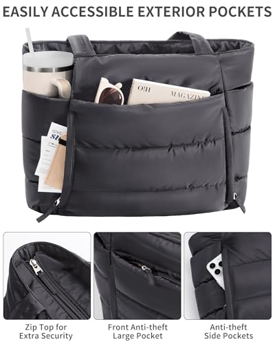 Bagstellar Puffer Tote Bag for Women, Lightweight Puffy Travel Gym Work Bag - color: Charcoal Grey