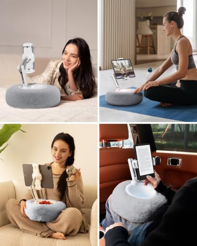 Viozon Tablet Stand Pillow, Compatible with 4.7"-13" Phone/Tablet, iPad, iPhone, Samsung, Google, Kindle, 360°Adjustable Phone Holder for Bed with Soft Plush Fabric, and Detachable Bowl, Grey - color: Grey
