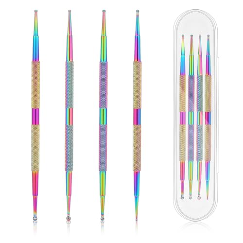 Jeffdad Nail Dotting Tool, 4 Pcs Professional Double-ended Nail Art Tools with Box, Dot Pen Metal Dot pen Nail Polish Paint Pen Dot Diamond Pattern Stainless Steel Dotting Tools Nail art(color) - color: color