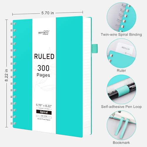 RETTACY Spiral College Ruled Notebook, 300 Pages, A5 Size (5.7" x 8.2") - color: Tiffani Blue, size: 5.7" x 8.2"
