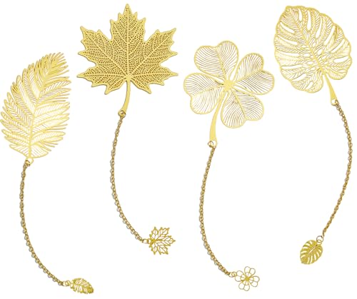 4 Pcs Gold Metal Leaf Bookmarks Set - Monstera, Maple, Four-Leaf Clover & Palm, Elegant Botanical Page Markers, Book Lovers Gifts for Women, Teachers, Readers, Writers - color: Golden