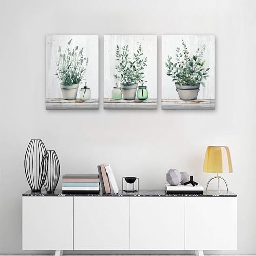 MHARTK66 Family Canvas Wall Decor for Bedroom, Dining Room, Living Room & Office - Green Leaf Vase Artwork - 12x16in - color: Wall Decor Painting Green Plants, size: 12x16inches*3pcs