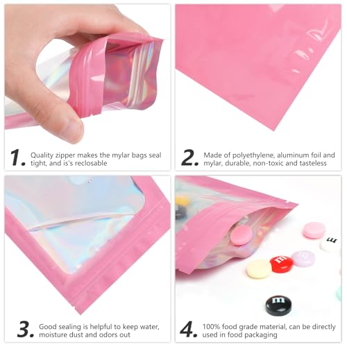 Funfery 100 pcs Pink Mylar Holographic Bags Packaging Bags,Clear Seal Resealable Smell Proof Bag Foil Pouch Bag for Food Storage and Lipgloss,Jewelry,Eyelash Packaging for Small Business(3x4.7In) - color: Pink, size: 3 x 4.7 Inch