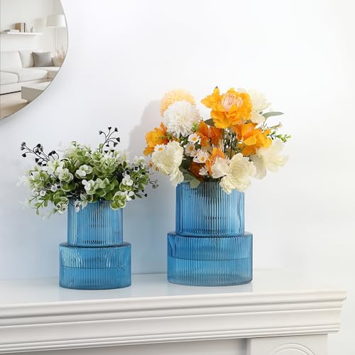 Ribbed Glass Vases for Bouquet, Set of 2 Blue Vases for Flowers, Blue Glass Vase for Tulips, Modern Vase for Living Room, Office, Coffe Table, Dining Table, Shelf, Wedding - color: Blue, size: Large+Medium