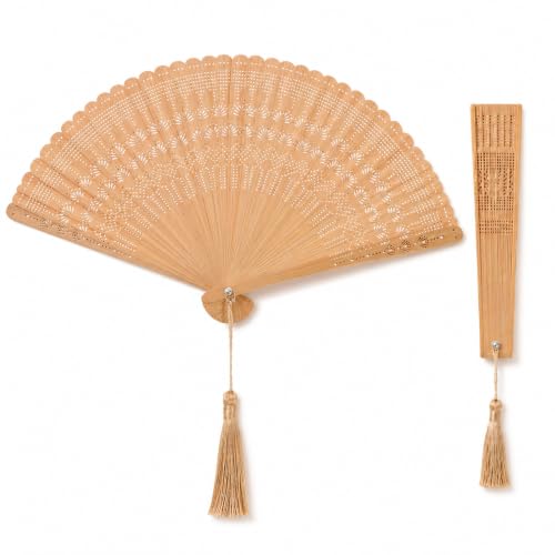 COHEALI Bamboo Folding Hand Fan, 12.5 Inch Wooden Handheld Fan with Tassel, Vintage Cooling Accessory for Women, Weddings and Parties