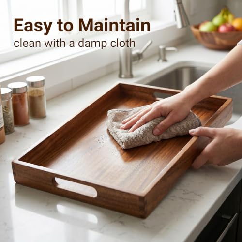 Acacia Wood Tray Set of 3, Stackable Serving Trays with Thick Base, Multi-Size Decorative Wooden Platter for Kitchen, Dining Room, Living Room, Coffee Table, Home Decor & Food Serving