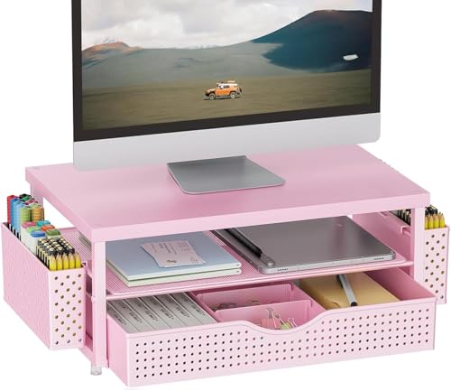 gianotter Monitor Stand with Drawer and 2 Pen Holders (Matte Pink) - color: Matte Pink