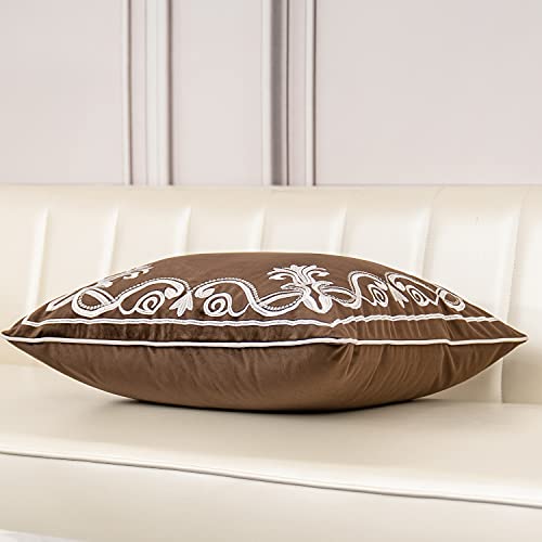 Aeckself European Floral Pillow Cover 20x20 Inch, Luxury Velvet Embroidered Decorative Throw Pillow Cover for Couch Bedroom Living Room, Brown and White - color: Brown, size: 20" x 20" (Pack of 1)