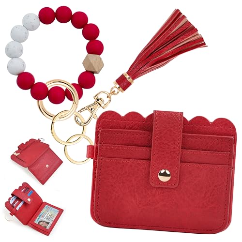 Wristlet Wallet for Women with Keychain – RFID Card Holder Small Wallet Wristlet with Key Ring - color: Red, style: Classic