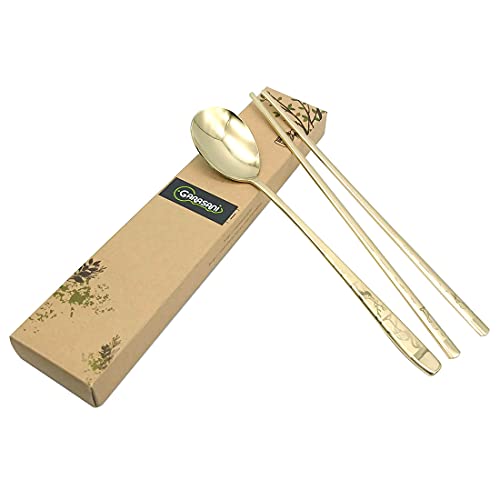 GARASANI Korean Traditional Spoon and Chopsticks Gold Titanium Plated Stainless Steel Cutlery (Gold Longevity) - color: Gold Longevity