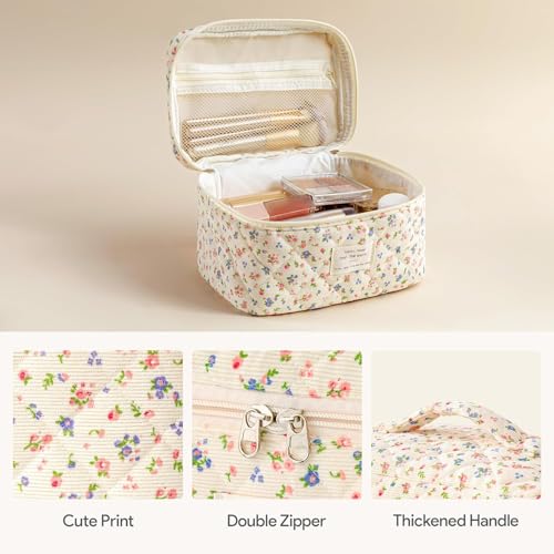 HBselect Quilted Makeup Bag, 3Pcs Cotton Large Travel Makeup Bags Organizer - color: A-3PCS-Floral 12