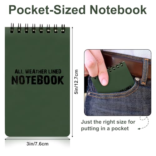 RETON 10 Pack Waterproof Notebook, 3 x 5 Inches Waterproof Pocket Notepad, All-Weather Top Spiral Memo Steno Pads with Grid, Write in the Rain Notebook for Outdoor Activity Recording (Army Green)