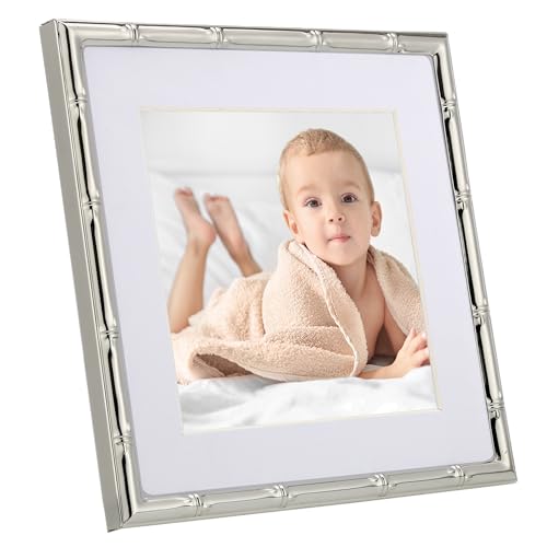 YiPinYin 6x6'' Bamboo Detail Sqaure Silver Metal Picture Frame With Mat for 4x4'' Set of 2, Narrow Silver Plated Photo Frames 4x4'' With Soft Velvet Backing for Desktop and Wall Décor(Silver) - color: Silver, size: 6x6 Mat 4x4 2PK