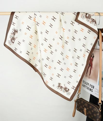 corciova Women’s Square Scarf 27.5 in (70 x 70 cm), Satin-Feel Polyester, Lightweight Fashion Scarf for Hair, Neck and Bag - color: Border Letter (Ivory / Brown)