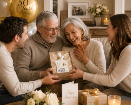 for Couples & Parents, Modern Ceramic Couple Sculpture with Fixed Gold Heart, Abstract Embrace Figurine Displays Anniversary Years 01-98, Wedding Home Decor, 7.3 Inch - size: Hug-7.28"