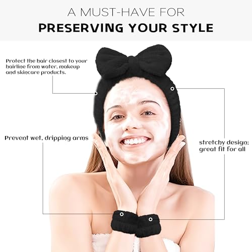 Ayesha Spa Headband and Wristband Set for Washing Face Skincare Makeup - color: Black set