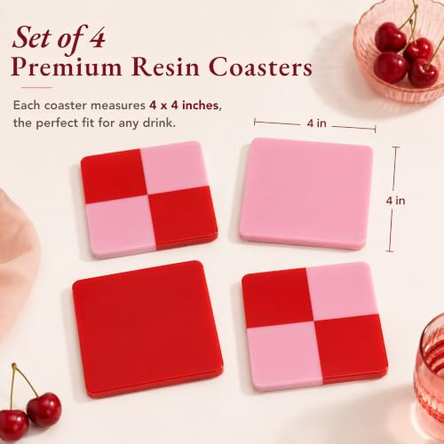 Folkulture Pink & Red Decorative Coasters Set of 4, Non Slip, 4 Inch - color: Checkered Valentine