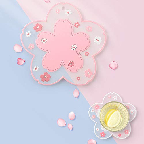 Sakura Coffee Cup Mat Kawaii Coaster 2PCS Cute Cherry Blossom PVC Home Tea Mug Pink Flower Pattern Anti-Skid Pot Bowl Pad Placemat for Desk Drink Table Decor Kawaii Accessories(Large) - size: Large (Pack of 1)
