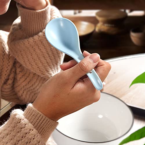 Blue Ceramic Soup Spoons Set of 6, 6.75 Inch Ramen Spoons for Chinese, Pho, Cereal, Noodles, Stews, Wonton, Dumpling, Miso - Deep Oval Hook Design, Dishwasher Safe - size: 6.75 inch - Blue