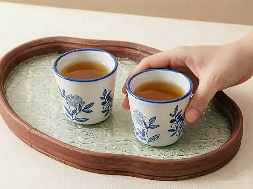 6 oz Japanese Tea Cups, Matcha Cups Ceramic, Handless Espresso Cups - color: Blue-Plants 2