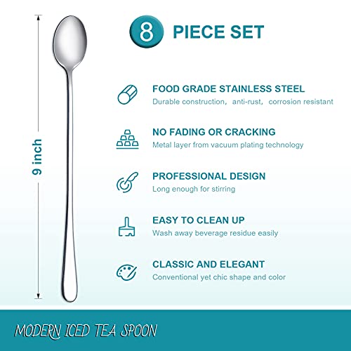 Hiware 8-Piece 9-Inch Long Handle Iced Tea Spoon, Coffee Spoon, Ice Cream Spoons, Stainless Steel Cocktail Stirring Spoons - color: Silver