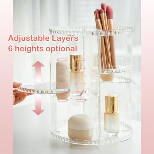 360 Degree Rotating Makeup Organizer, DIY 8 Adjustable Layers Spinning Skincare Organizer, Cosmetic Display Case with Brush Holder Perfume Tray