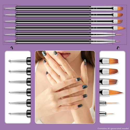 Artdone Nail Art Dotting Tools 6PCS Double-ended Brushes Kit Gel Polish - color: Black