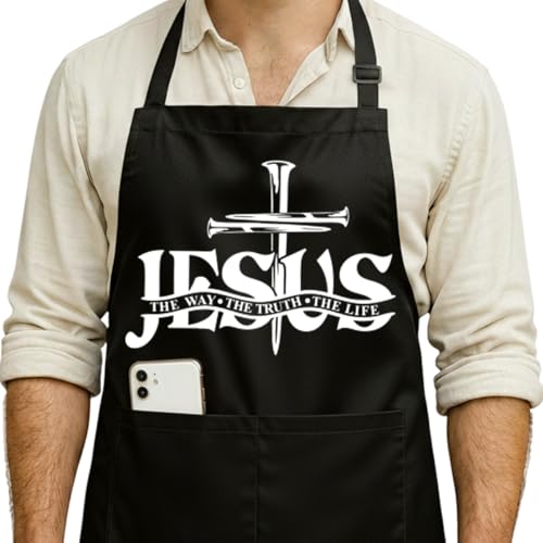 Funny Black Grill Apron with Pockets for Man,Dad,Husband,Father in Law,Chef Daddy Grilling Apron BBQ Cooking Gifts - color: Jesus Apron