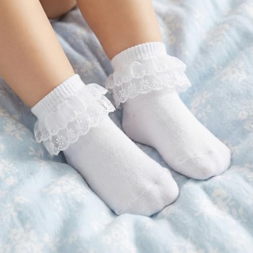 3 Pairs Baby Girl Socks Ruffle Sock Lace Frilly Socks for Newborn Infant Toddler 1-2 Years - color: White