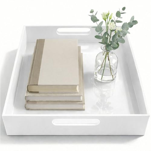 White Small Acrylic Serving Tray 16x12, Waterproof Modern Coffee Table Tray with Handles, Decorative Rectangle Acrylic Organizers for Living Room, Bar Cart, Bathroom Decor & Vanity Desk Decor - color: White, size: 16" x 12" x 2"