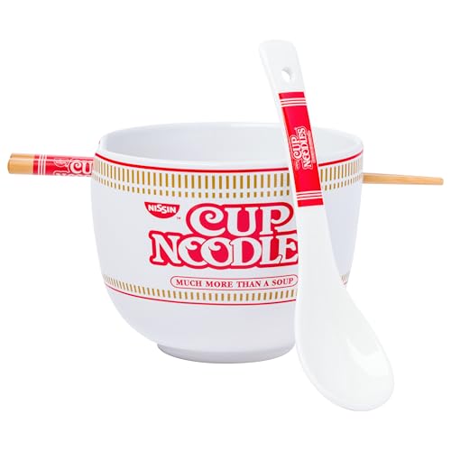 Silver Buffalo Nissin Cup of Noodles “Much More Than a Soup” Ceramic Ramen Bowl Set with Chopsticks and Spoon, 20 Ounces - color: Nissin Cup Noodles Spoon, size: 20 Ounces (With Spoon)