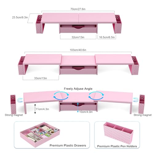 Spacrea Dual Monitor Stand Riser with Drawer and 2 Pen Holders - color: Pink