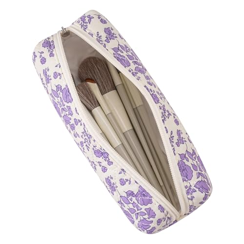 Cute Floral Cotton Makeup Brush Cosmetic Bag for Women, Travel Quilted Zipper Make Up Bag, Flowers Toiletry Organizer Case Kawaii Makeup Cosmetic Travel Cloth Pouch (Big Purple Floral) - color: 18 Big Purple Floral