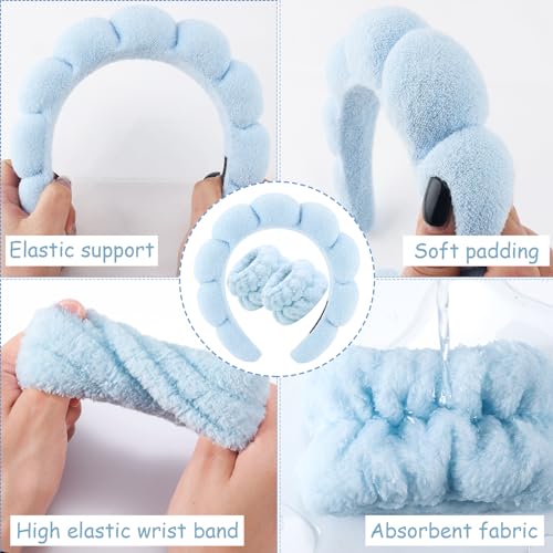 Zkptops Spa Headband for Washing Face Wristband Set Sponge Makeup Skin Care Terry Cloth Bubble Soft Get Ready Light Blue Hairband Women Girls Puffy Padded Headwear Non Slip Thick Hair Accessory - color: ZC Light Blue-2