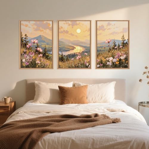 LHIUEM Large Boho Sunset Wildflower Framed Canvas Wall Art,Nature Pink Flower Wall Decor,Blossom Botanical Mountain Landscape Artwork for Living Room,Bedroom,Dining Room,Office -24"x36"x3 - color: Boho Sunset Wildflower Wall Art, size: 36"L x 24"W