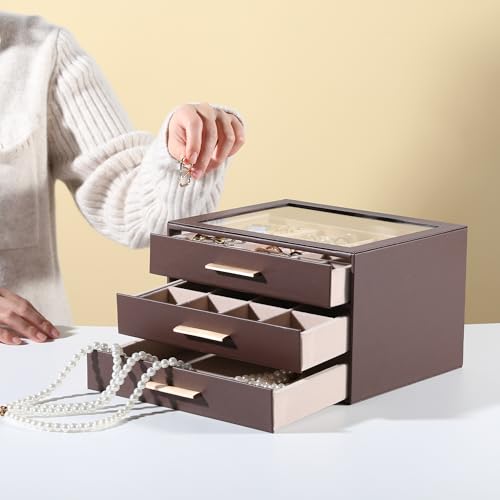 Frebeauty Jewelry Box for Women,Clear Lid Jewelry Organizer with 3 Drawers - color: Dark Brown, size: 3 Drawer