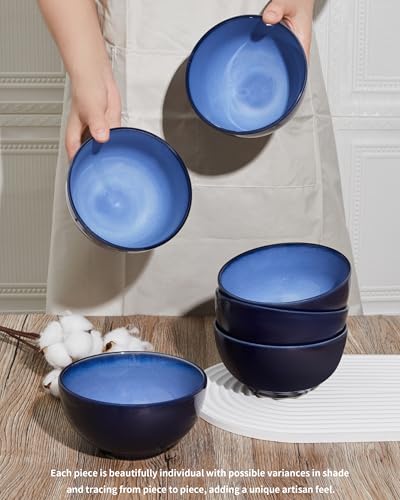 Pokini 5.5 inch Stoneware Cereal Bowls Set of 6, 22 Oz Soup Bowls Set - color: Light Blue