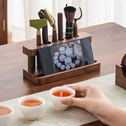 Tea Ceremony Six Gentlemen Set, Chinese Gongfu Tea Making Tools，Multifunctional Tea Ceremony Accessories Combination for Rack Clip Knife Needle Spoon (Walnut color)