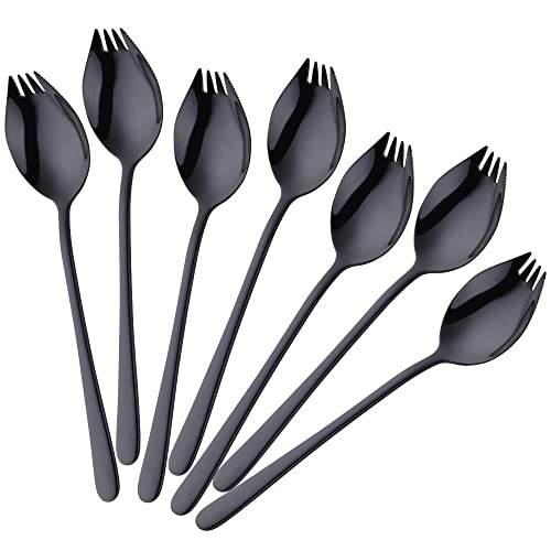 Buyer Star Sporks 6-pack 18/8 Stainless Steel Sporks for Everyday Household Use, 7.6-Inch / 1.6-Ounce/Ice Cream Spoon & Salad Forks, Fruit Appetizer Dessert (Black)