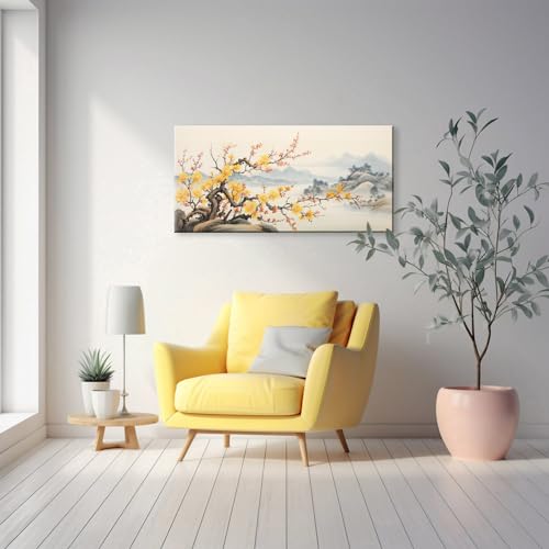 NAN Wind Asian Wall Art Traditional Chinese Painting Decor Oriental Yellow Plum Blossom Canvas Pictures for Wall Decor Home decor for Living Room Cherry Blossom Landscape Artwork Framed Ready to Hang - color: Yellow-One Piece, size: 16"L x 8"W