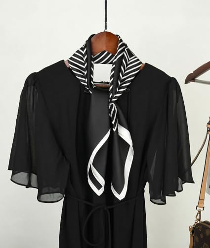 corciova Women’s Square Scarf 27.5 in (70 x 70 cm), Satin-Feel Polyester, Lightweight Fashion Scarf for Hair, Neck and Bag - color: Geometric Stripe (Black / White)