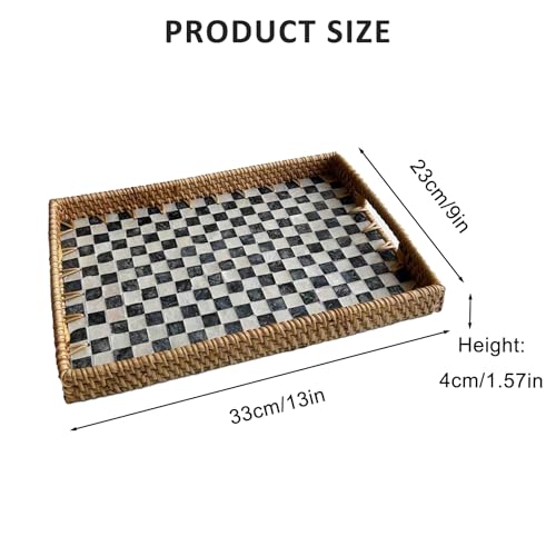 Handmade Mother of Pearl Rattan Serving Tray with Handles 13" x 9" Natural Shell Mosaic Pattern Ottoman Tray for Storage and Display of Coffee Bread Food Fruit (Black White Checkered) - color: Black White Checkered