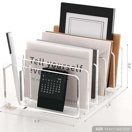Acrylic Mail Sorter Desk Organizer with Pen Holder, 5 Compartments Clear - size: 5 Compartments with Pen Holder