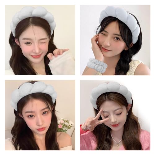 Spa Headbands for Washing Face Wristband Set Sponge Makeup Skincare Headband Wrist Towels Bubble Soft Terry Towel Cloth Hairband for Women Puffy Headwear Non Slip Thick Thin Hair Headwear (Gray) - color: Gray
