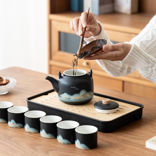 Chinese Tea Set – Black Porcelain Gongfu Teapot with 6 Cups & Tea Tray, Travel Tea Set with Carrying Case for Tea Ceremony, Daily Tea Ritual, Asian Style Gift - color: Black Teapot & 6 Teacups