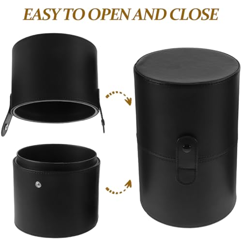 Portable Makeup Brush Holder with Lid - Elegant Pu Leather Makeup Bag Black Brush Organizer for Travel Compact Storage Bucket with Buckle Protective Lid, Easy to Clean, 7.9in X 5.19in